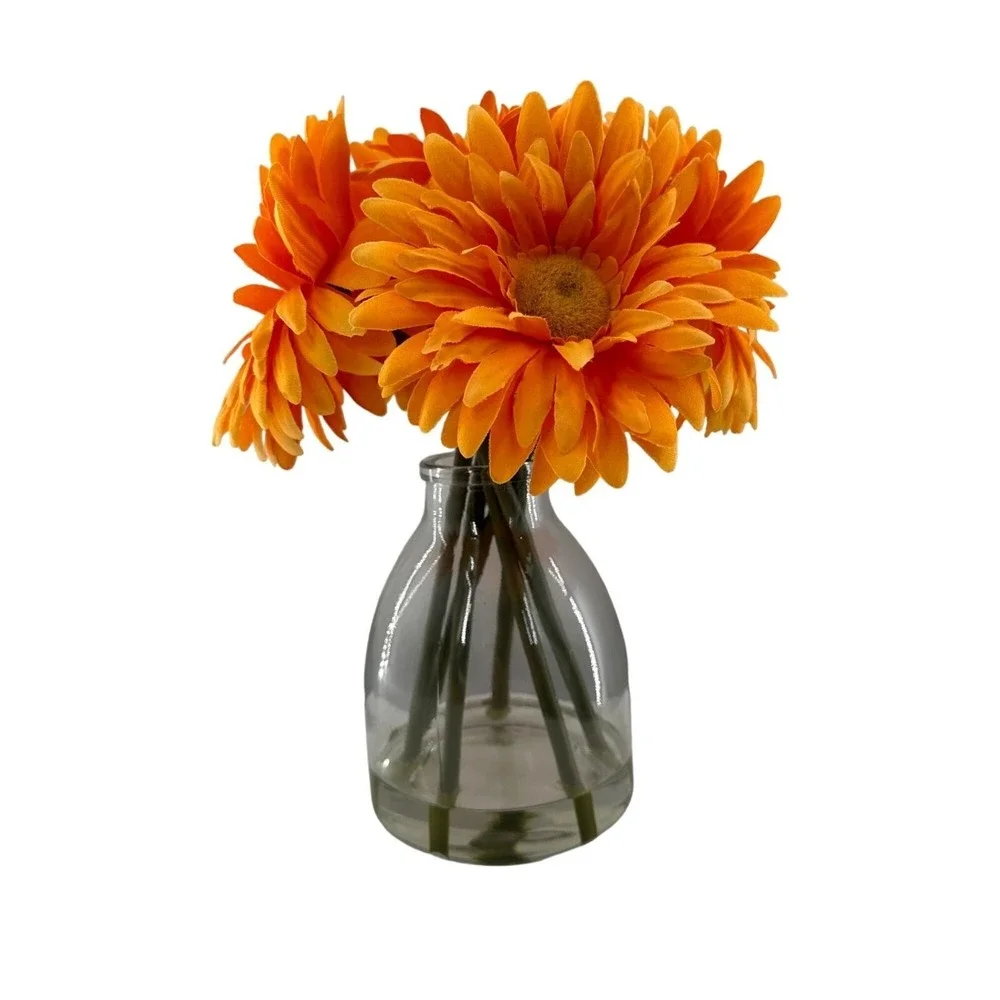 Artificial Orange Gerbera Daisy Bouquet Clear Glass Vase Centerpiece Fall Faux b